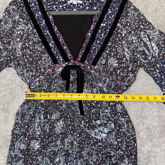 Btfl-Life Boho Maxi Dress Velvet Trim V Neck Empire Waist Paisley Sz Sm Cottage - Picture 10 of 12